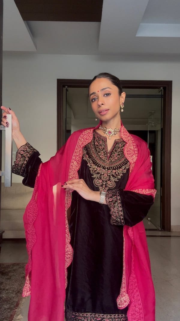 Black Velvet Embroidered Kurta Set with Pink Dupatta — INCHING INDIA