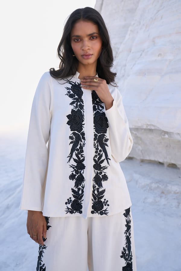 Ivory Tencel Embroidered Mandarin Collar Longline Top — Dash and Dot