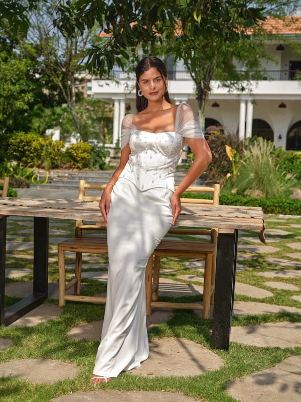 White Satin Corset and Fish-Cut Maxi Skirt Co-ord Set — RIBELLE