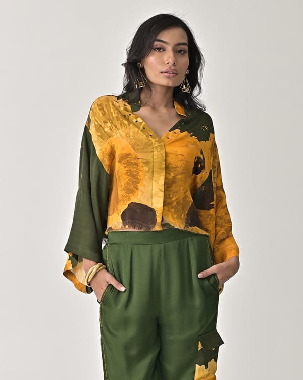 Mustard and Olive Abstract Printed Cropped Satin Shirt — Missy Co.
