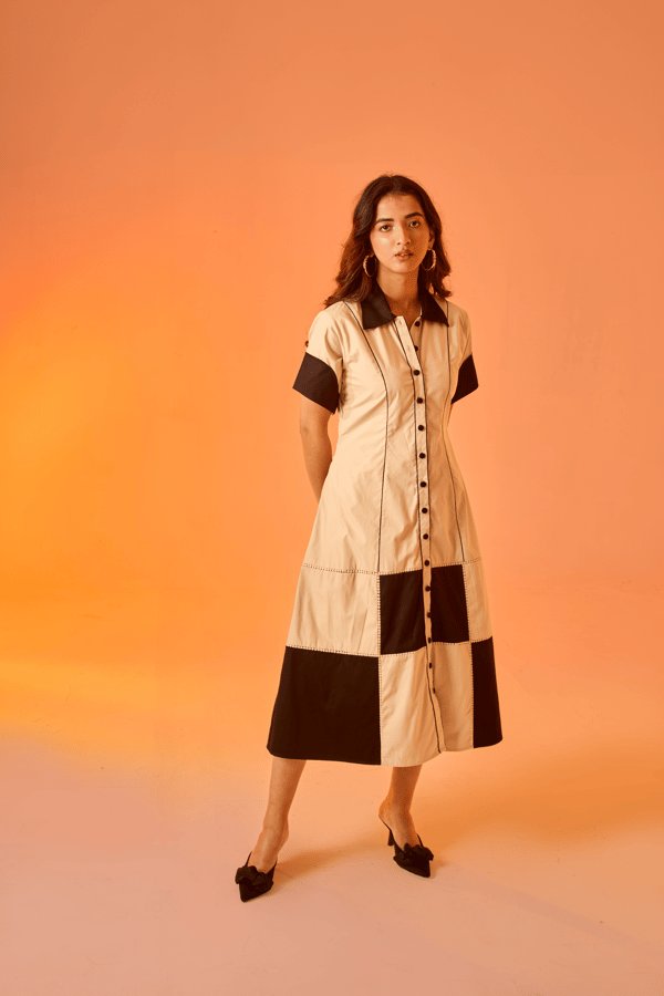 Beige and Black Colorblocked Midi Shirt Dress — An'era by Asmita Verma