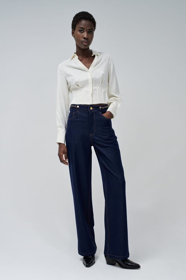 Dark Wash High-Waist Wide-Leg Jeans with Chain Detail — SALSA JEANS