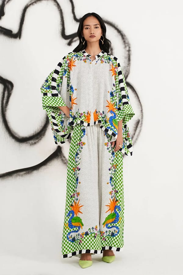 Ivory Printed Cape Top and Wide-Leg Pants Co-ord Set — VERB