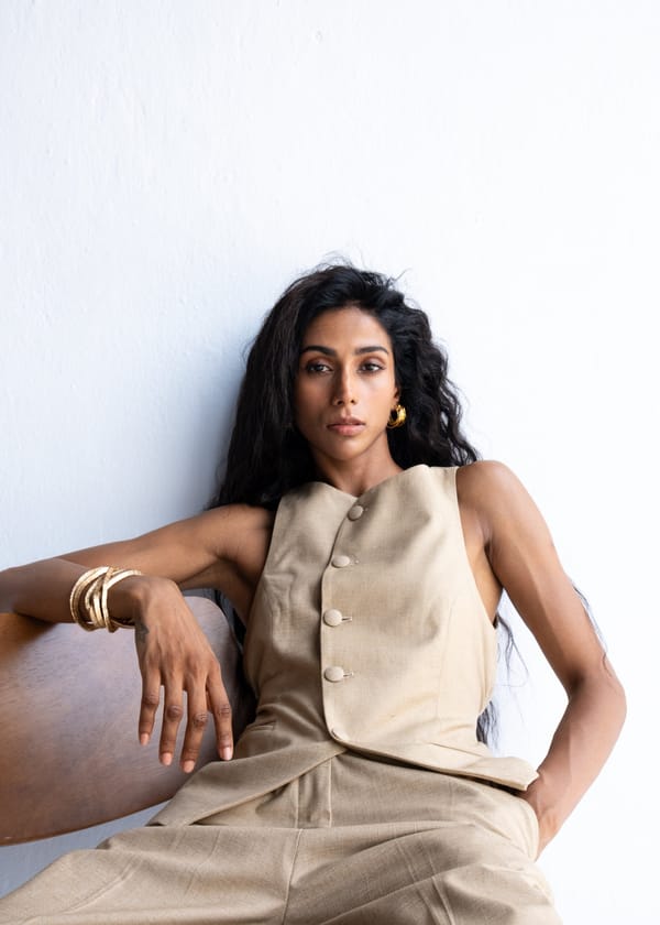 Camel Linen Round-Neck Tailored Waistcoat — Shop Staple