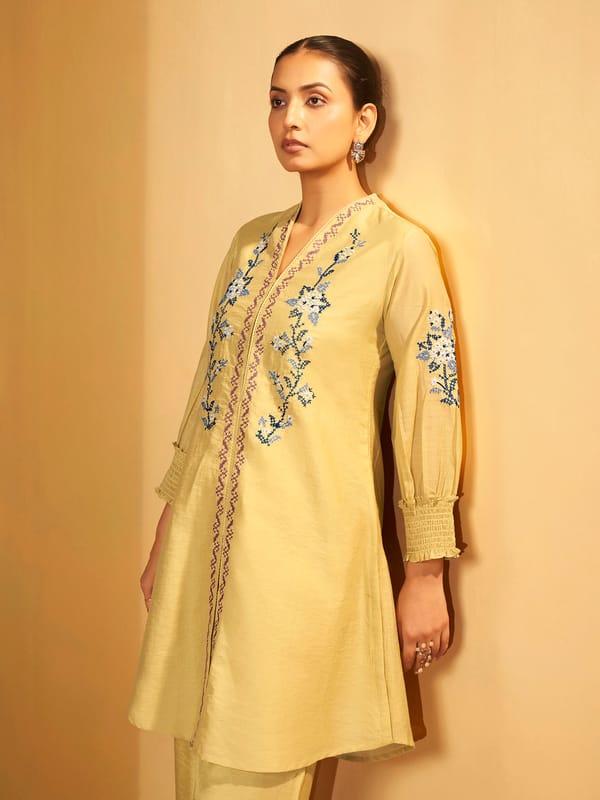 Yellow Floral Embroidered Cotton Kurta Set — Truly SMA