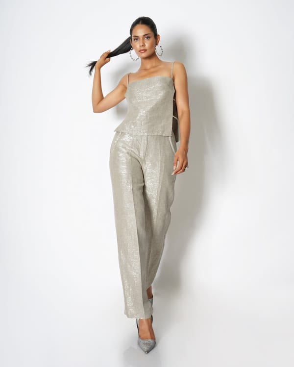 Ivory Shimmer High-Waist Straight-Leg Linen Trousers — MAGIA