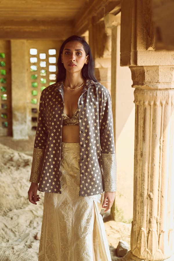 Stone Grey Brocade Shirt with Metallic Cuff Borders — Dash and Dot