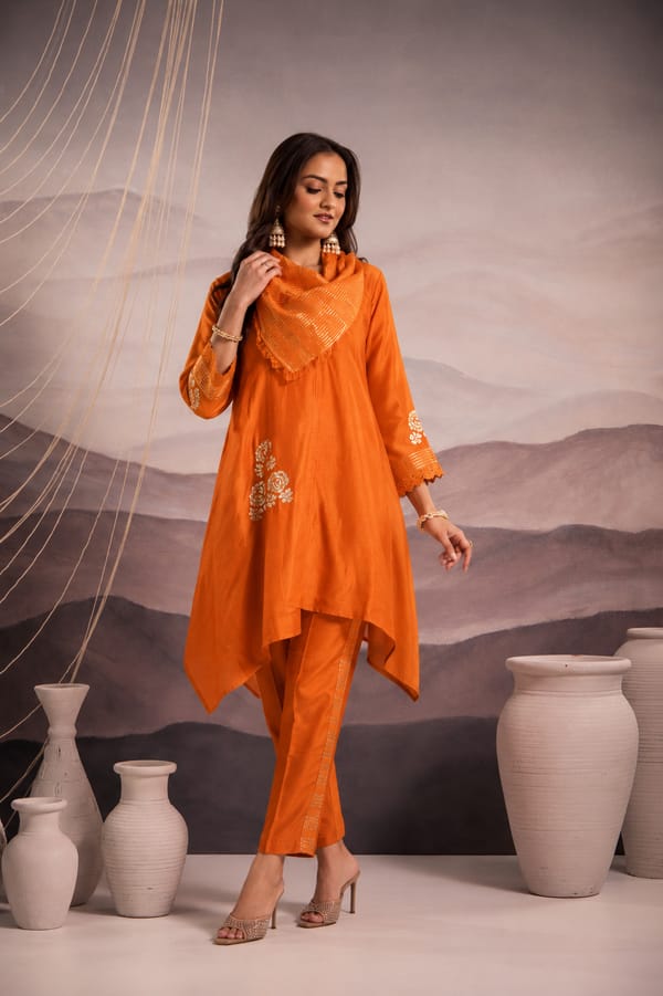 Orange Asymmetric Silk Tunic With Sequin Cowl — Omi Clothing