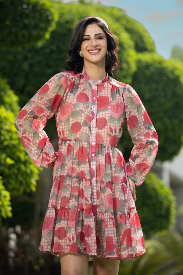 Multicolor Checked Floral Tiered Chiffon Mini Dress — AVERIE