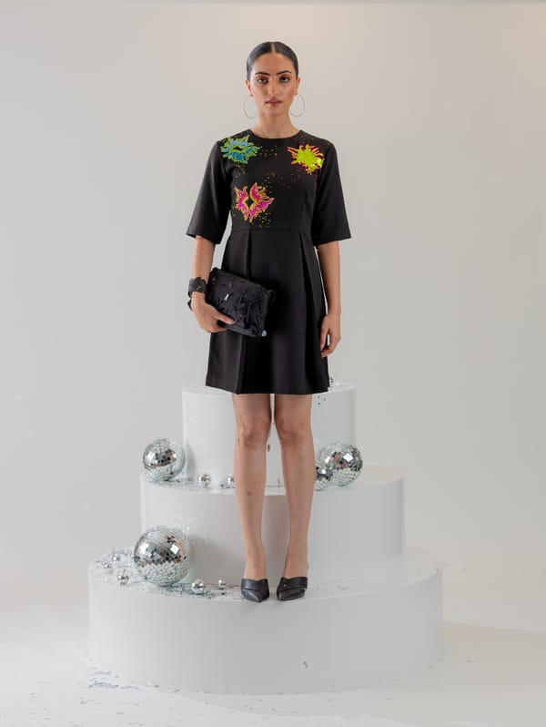 Black Fit and Flare Mini Dress with Neon Embroidery — Ang-sa