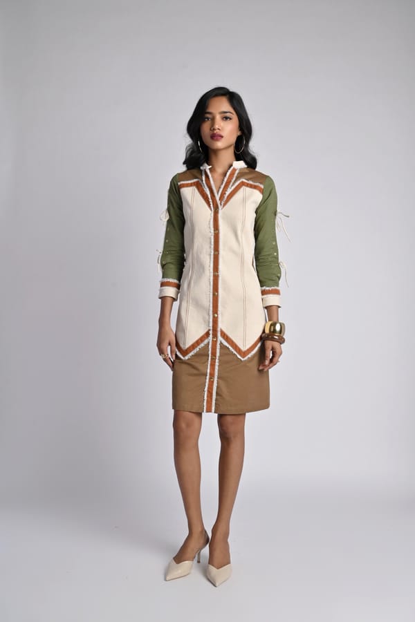 Olive Colorblocked Button-Down Knee-Length Shirt Dress — Veera Wear