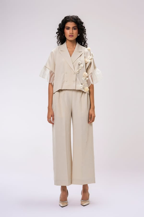 Beige 3D Floral Blazer and Wide-Leg Trousers Co-ord Set — KOR