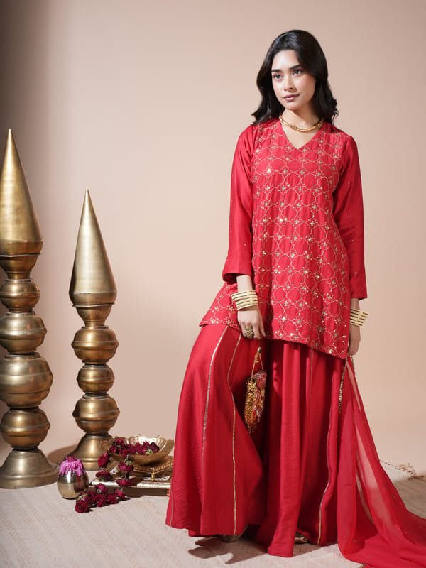 Red Geometric Jaal Short Kurta Palazzo Set — KOMAL SHAH