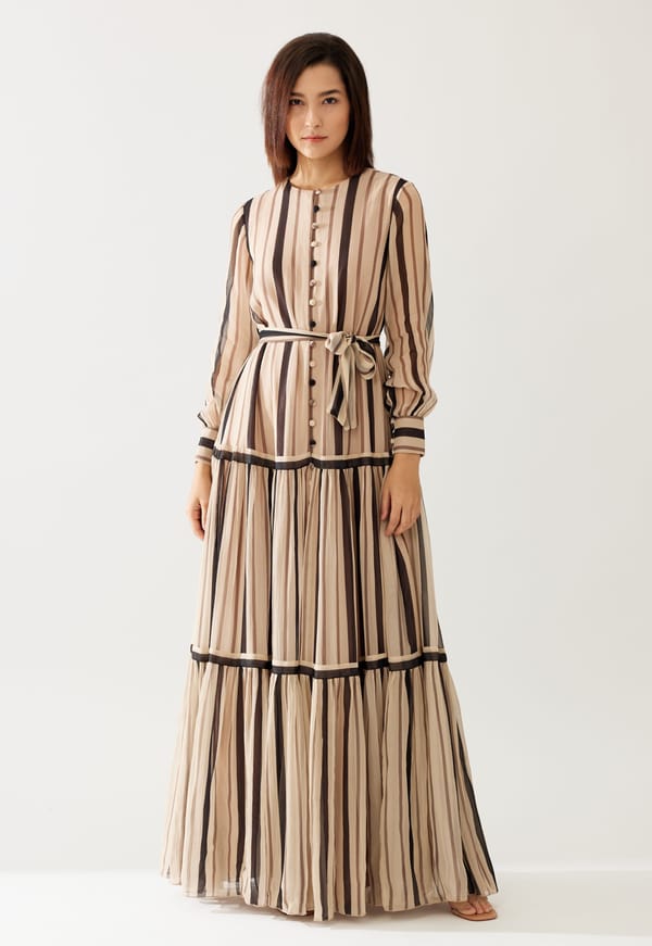 Cream And Dark Brown Stripe Shirt Dress — KoAi