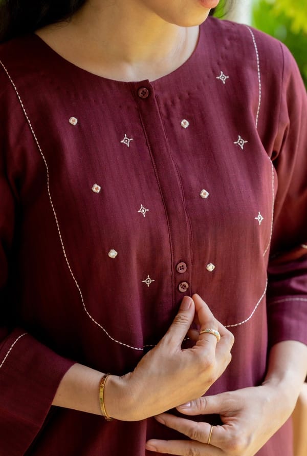 Wine Straight Kurta Pant Set with Buti Embroidery — SIARA WOMEN