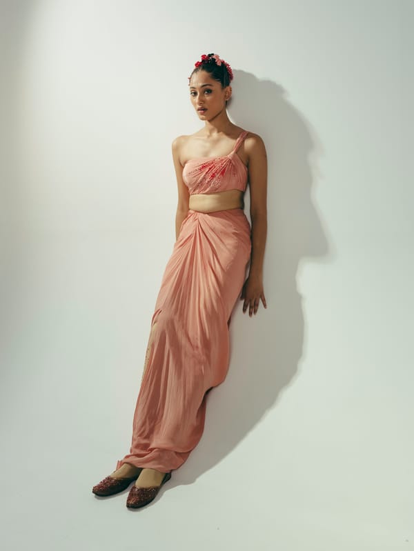 Pink One-Shoulder Bustier and Draped Dhoti Skirt Set — Vrinda Soni