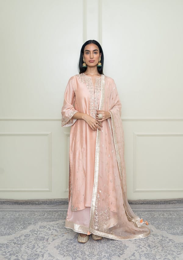 Pearl Pink Embroidered Choga Kurta Set with Dupatta — Sheetal Batra