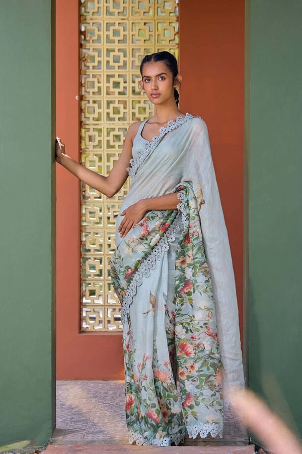 Sea Green Printed Linen Saree with Lace Border — YELL