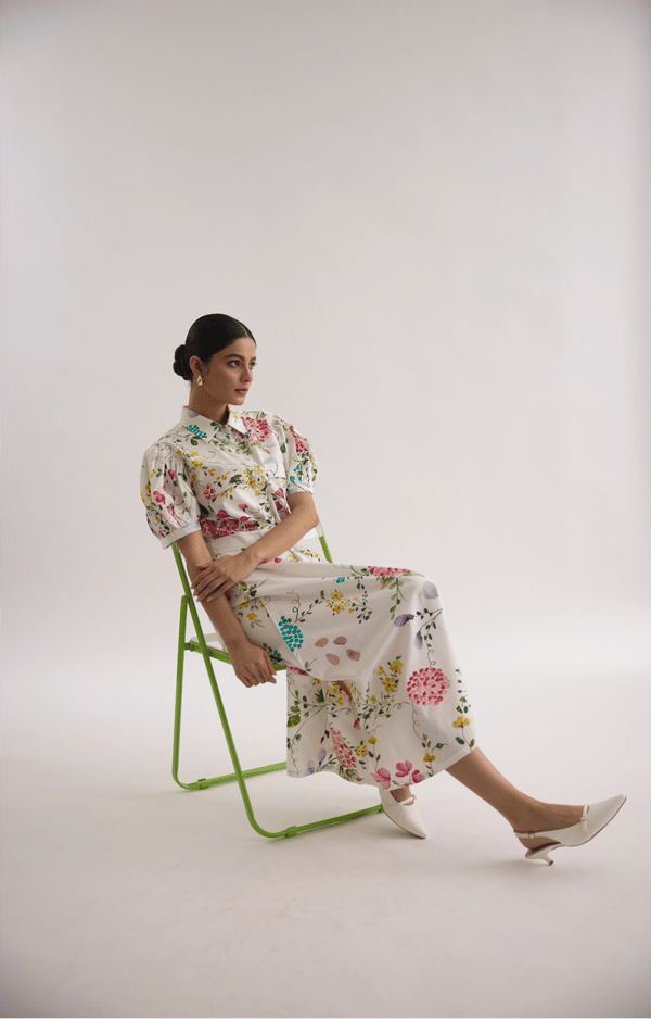 White Floral Printed Poplin Shirt Midi Dress with Belt — THE FINICKY COLORIST