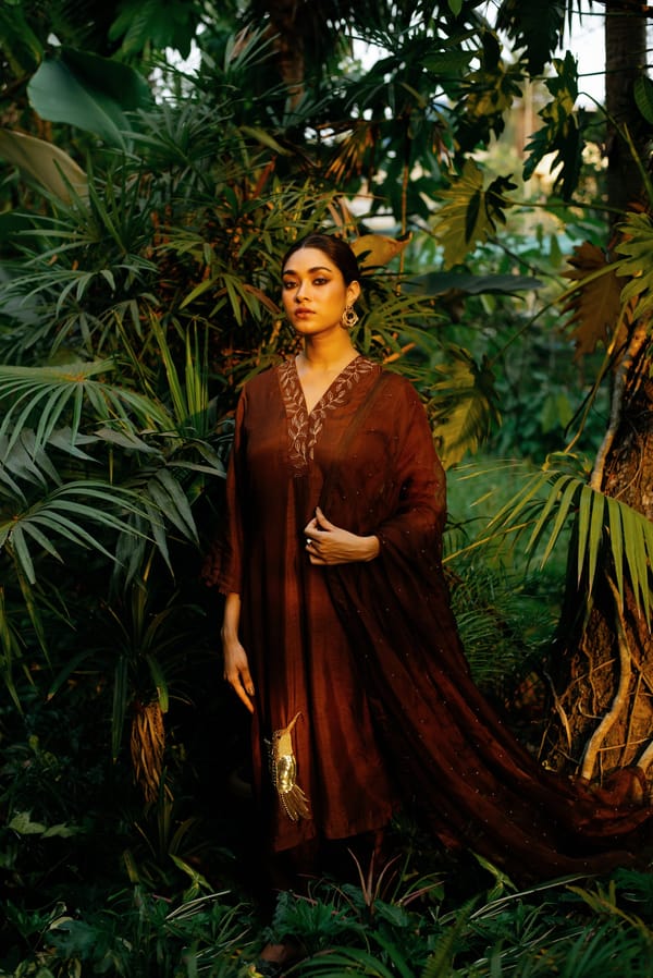 Brown A-Line Embroidered Kurta Set with Dupatta — SHRISTICHETANI