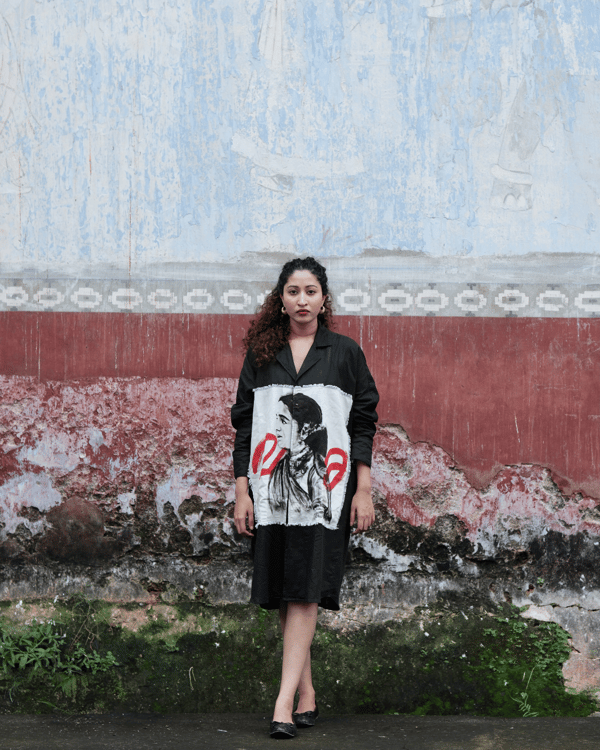 Black Linen-Cotton Midi Shirt Dress with Graphic Panel — House of Urmi