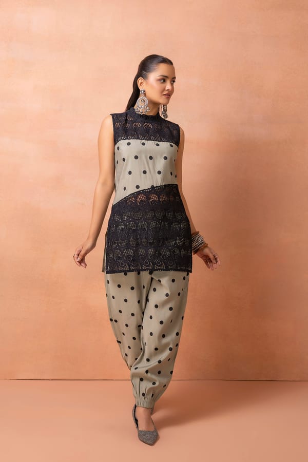 Sage and Black Polka Dot and Crochet Co-ord Set — Sew and You