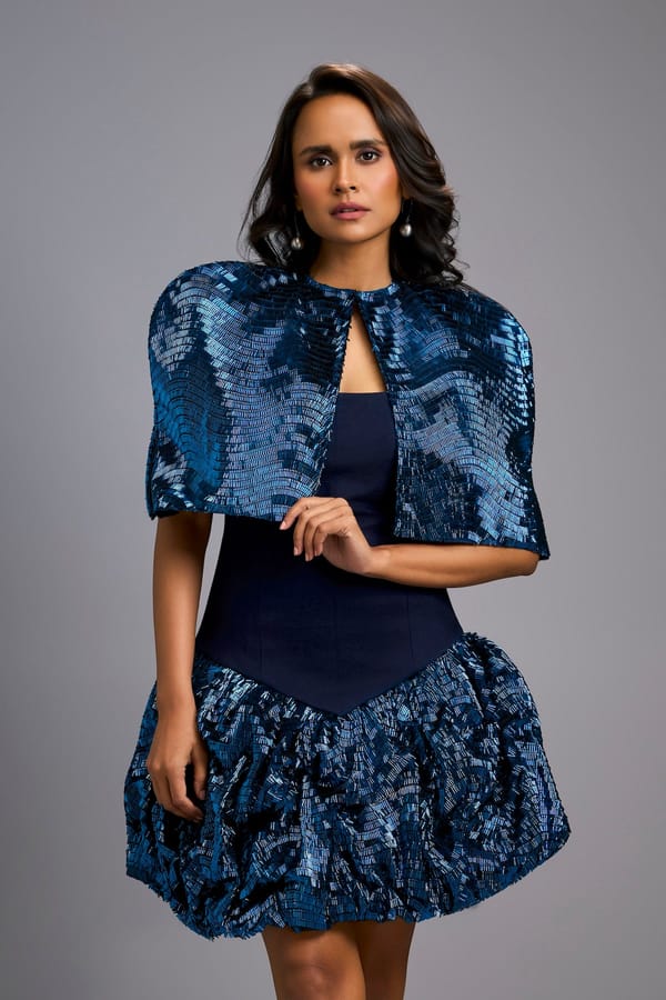 Strapless Dress With Voluminous Shimmer Skirt & Cape — Deepika Arora