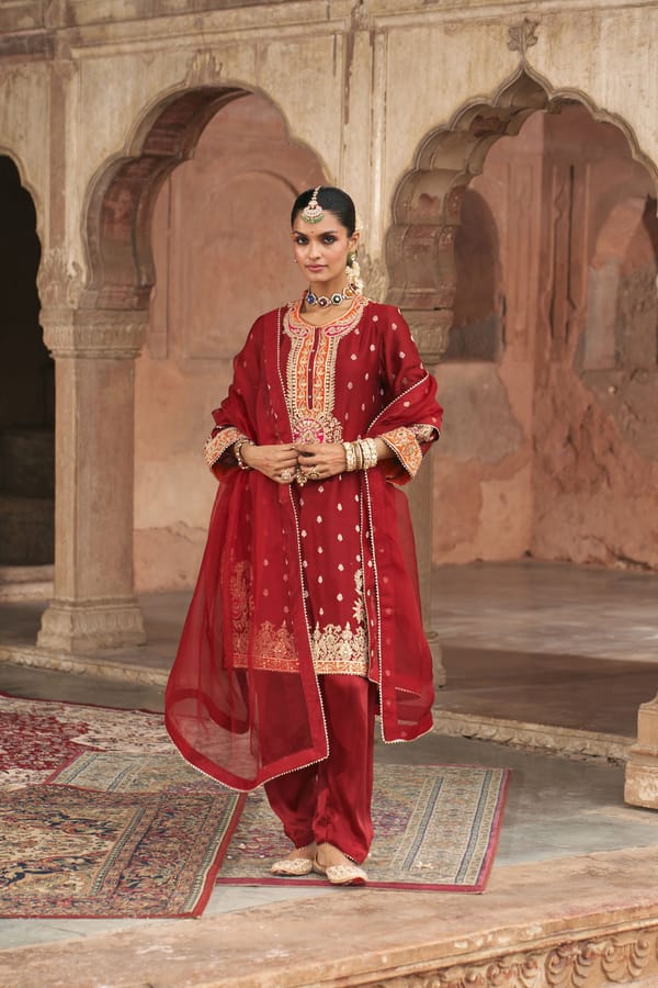 Deep Red Embroidered Straight Kurta Set with Salwar — Sheetal Batra