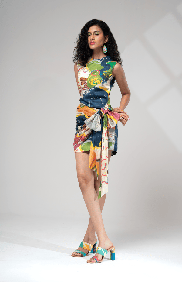 Multicolour Abstract Printed Tie-Up Mini Dress — ADVAIT
