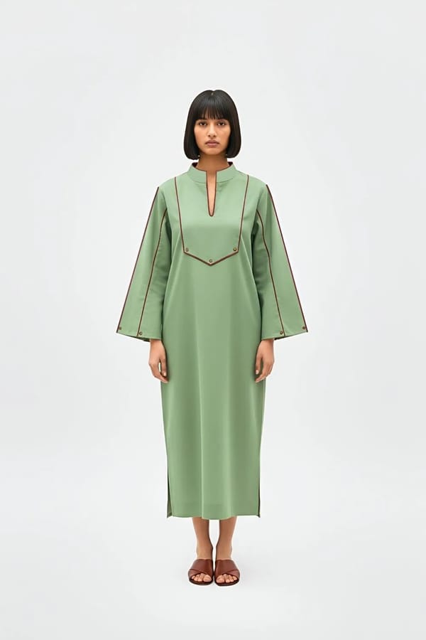 Asparagus Green Collared Midi Dress with Trumpet Sleeves — Neora
