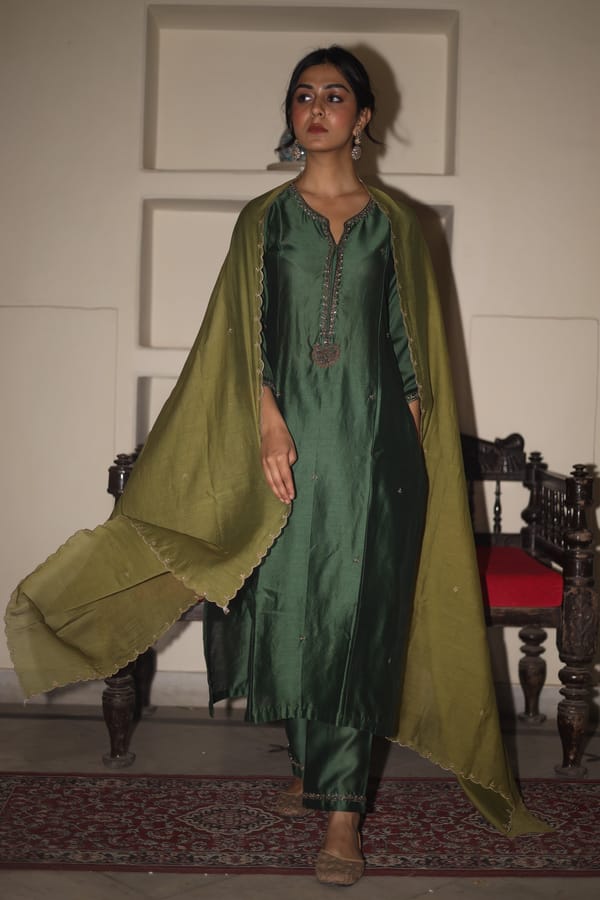 Bottle Green Silk Chanderi Zardozi Kurta Set — Tatwa Designs