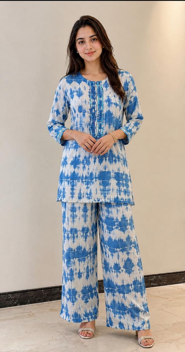 Tie & Dye Blue colour  Co-ord Set with Sequence  work on pure modal satin  with palazzo pants — SMAYA by Monica