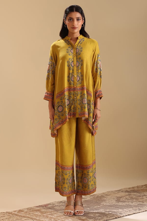 Yellow Cotton Silk Embellished Co-ord Set with Gathered Sleeves — SOUP by Sougat Paul