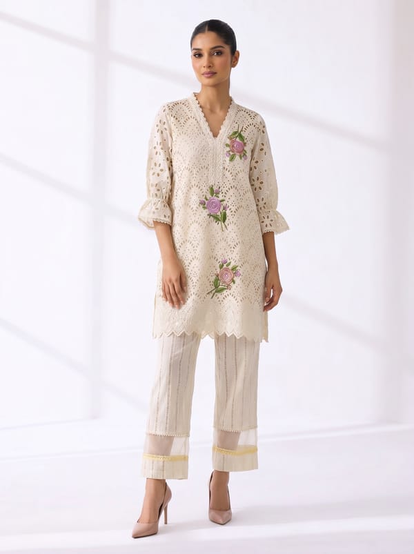 White Cotton Cutwork Embroidered Straight Kurta Set — BUMBLEBEE