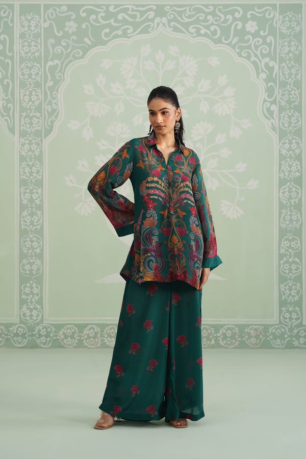 Green Printed Co-ord Set with Collared Shirt and Wide-Leg Pants — NEETIKA CHOPRA