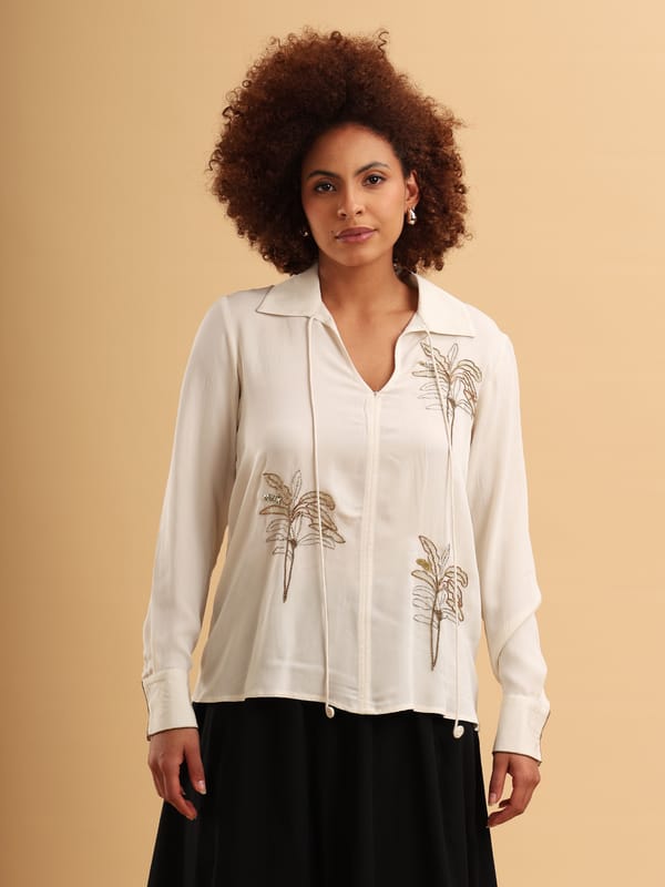 Off-White Embellished Georgette Shirt-Style Top — ANISETTE