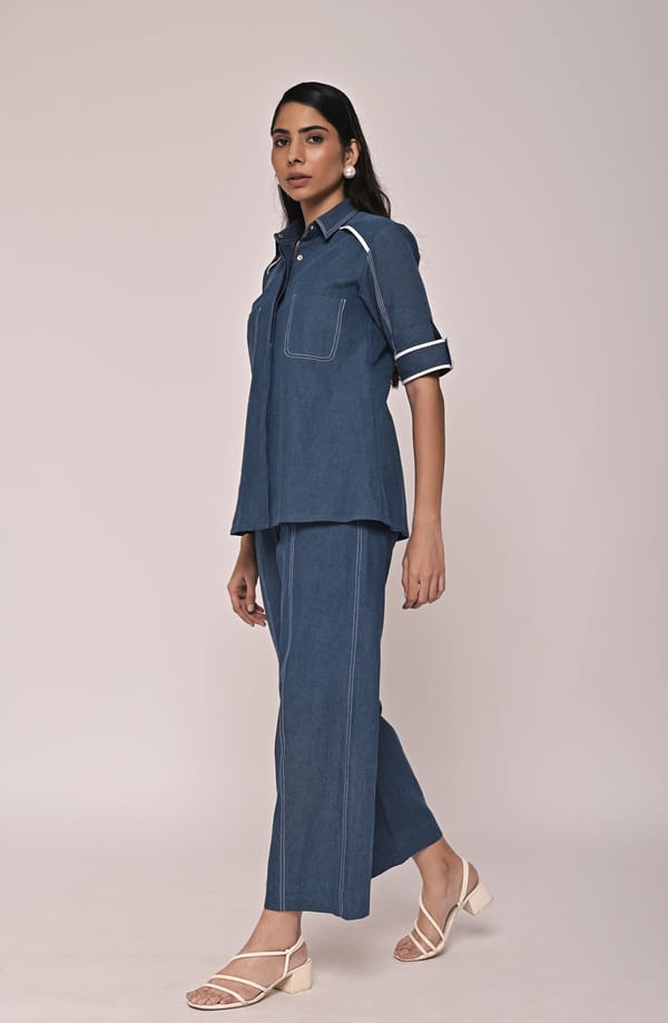Denim Blue Shirt and Wide-Leg Pants Co-ord Set — Escape By Aishwarya