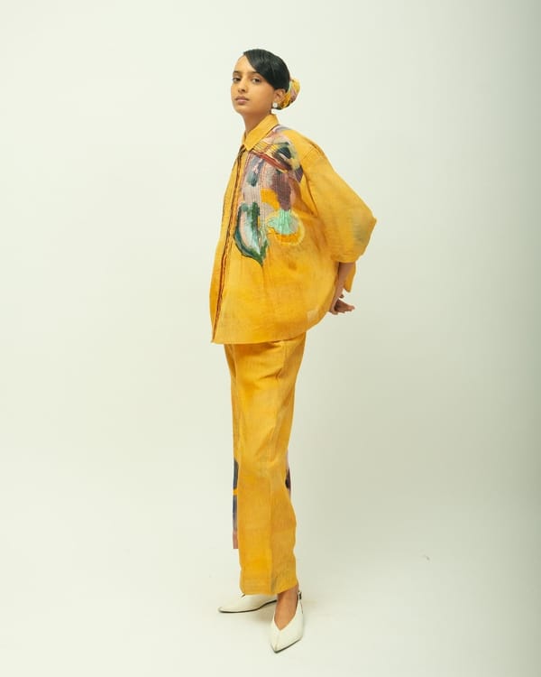 Mustard Abstract Printed Anti-Fit Straight-Leg Trousers — Ofrida