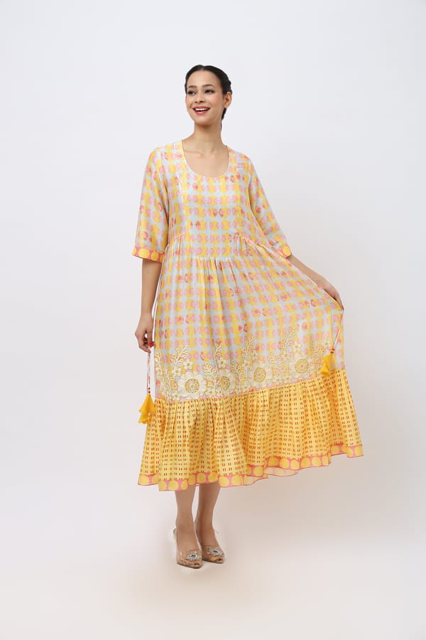 Embroidered Midi Length Cotton Dress — Jungle Marigold