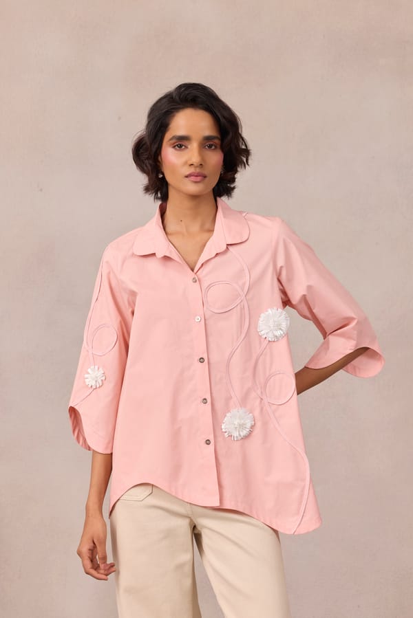 Sunset Pink Cotton Poplin Applique Button-Down Shirt — 63East