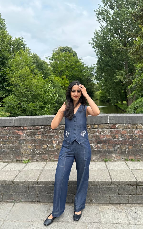 Denim Floral Embroidered Waist Coat Set — INCHING INDIA