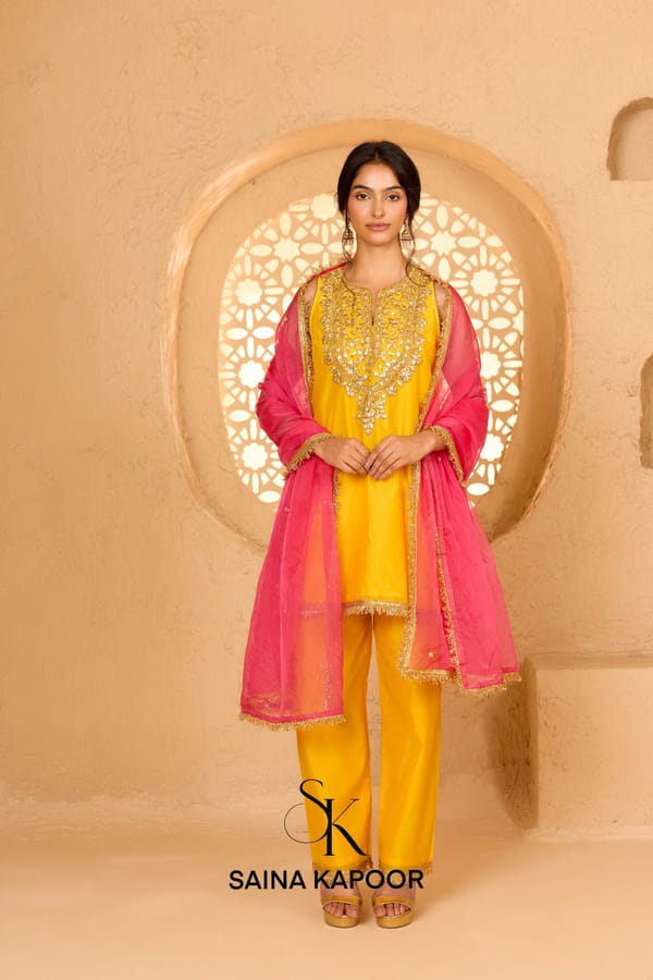 Yellow Cotton Chanderi Halter Neck Kurta Pant Set — SAINA KAPOOR
