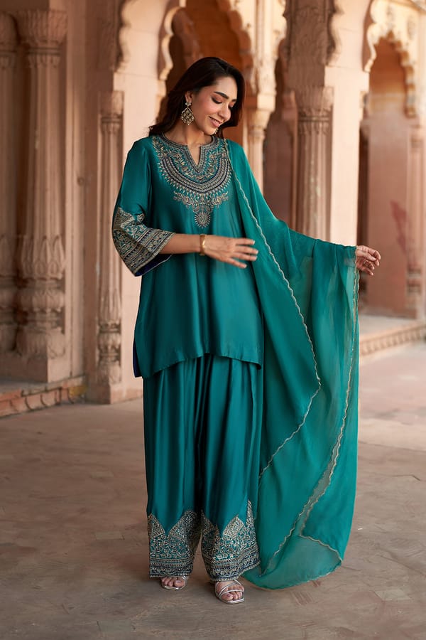 Jashn Bottle Green Embroidered Farshi Set — INCHING INDIA
