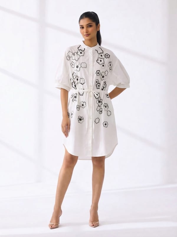 Ivory Cotton Shirt Dress with Black Floral Embroidery — KIHIKI