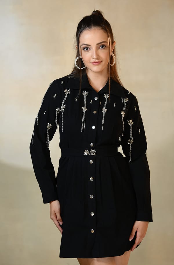 Black Denim Embroidered Dress — OMBRELLO