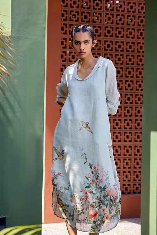 Bird Print Gauze Linen A-Line Midi Dress — YELL