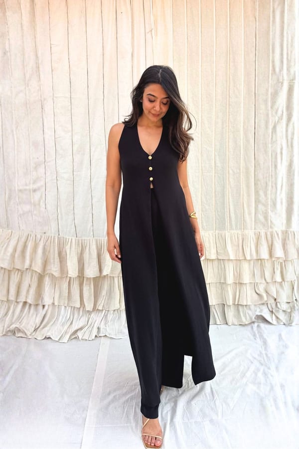 Black Ribbed Long Top With Button Details — Urban Suburban