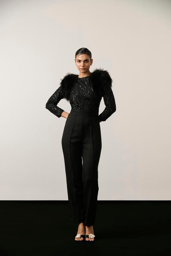 Black Sequin Jumpsuit with Feather Armhole Detail — Label IRIS