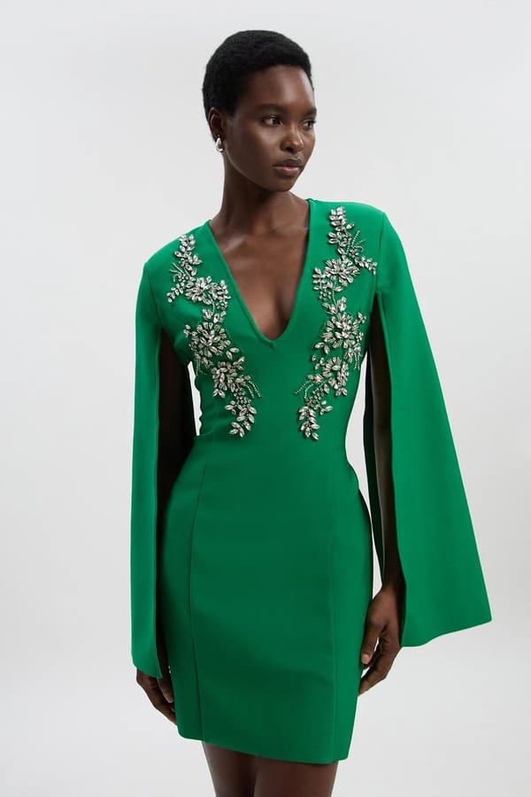 Green Crystal-Embellished Plunging V-Neck Mini Dress — KAREN MILLEN