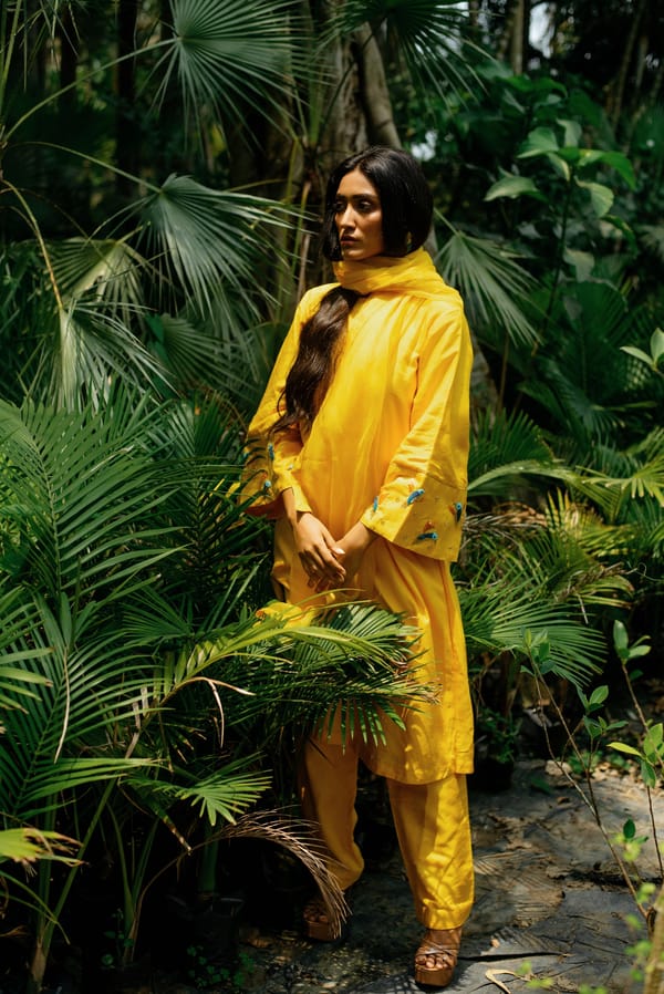 Yellow A-Line 3-Piece Kurta Set With Embroidered Sleeves — SHRISTICHETANI